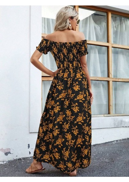 Eyesof Kadın Kısa Kollu Madonna Yaka Yırtmaçlı Çiçek Desenli Süprem Elbise fırsatları