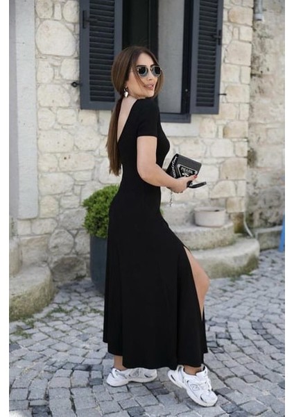 Eyesof Kadın Kısa Kollu Sırt Dekolte Detay Önü Çift Yırtmaçlı Viskon Elbise fırsatları