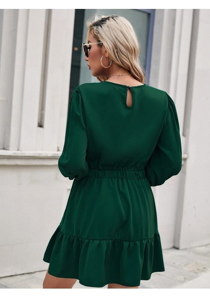 Eyesof Kadın Uzun Kollu Bisiklet Yaka Beli Lastikli Fırfırlı Ithal Krep Elbise modelleri