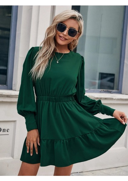 Eyesof Kadın Uzun Kollu Bisiklet Yaka Beli Lastikli Fırfırlı Ithal Krep Elbise indirimleri