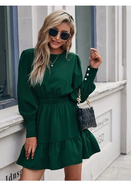 Eyesof Kadın Uzun Kollu Bisiklet Yaka Beli Lastikli Fırfırlı Ithal Krep Elbise