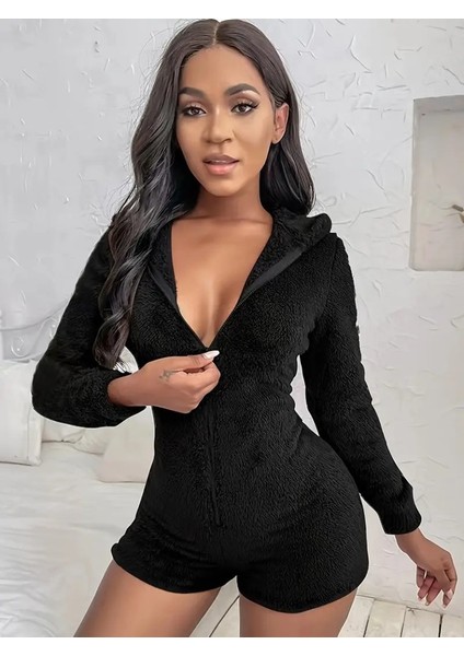 Eyesof Kadın Uzun Kollu Kapişon ve Fermuar Detaylı Peluş Şort Tulum modelleri
