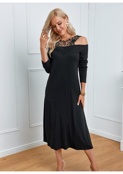 Eyesof Kadın Uzun Kollu Yaka Önü Güpürlü Madonna Yaka Viskon Midi Boy Elbise modelleri