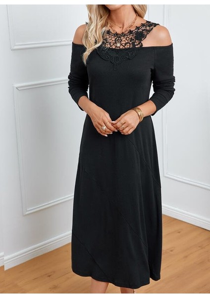 Eyesof Kadın Uzun Kollu Yaka Önü Güpürlü Madonna Yaka Viskon Midi Boy Elbise fırsatları