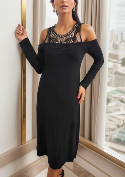 Eyesof Kadın Uzun Kollu Yaka Önü Güpürlü Madonna Yaka Viskon Midi Boy Elbise