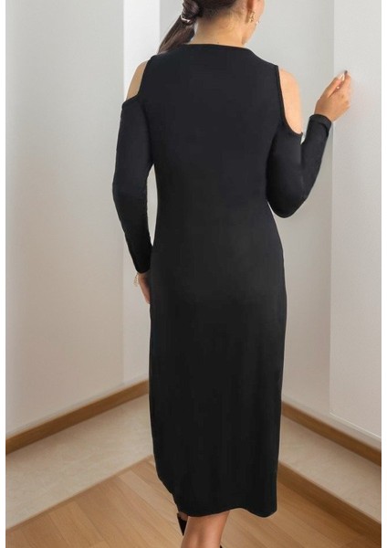 Eyesof Kadın Uzun Kollu Yaka Önü Güpürlü Madonna Yaka Viskon Midi Boy Elbise