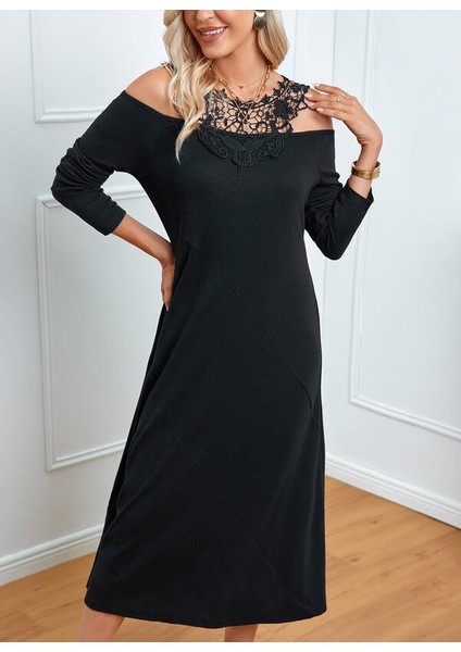 Eyesof Kadın Uzun Kollu Yaka Önü Güpürlü Madonna Yaka Viskon Midi Boy Elbise