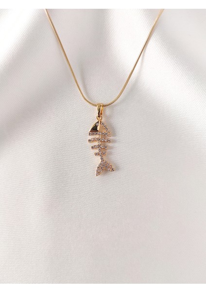 Kadın Paslanmaz Çelik Zirkon Taşlı Balık Kılçığı Kolye