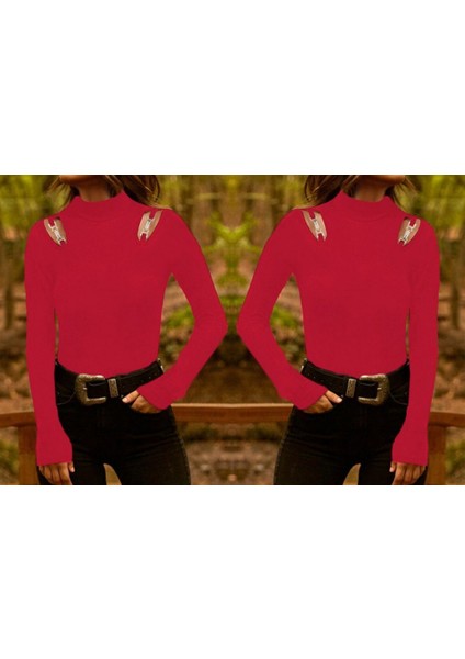 Eyesof Kadın Uzun Kollu Omuz Dekolte ve Aksesuar Detay Viskon Bluz