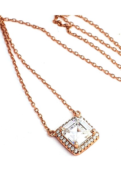 Baget Swarovski Taşlı 925ayar Gümüş Rose Kare Tek Taş Kolye modelleri