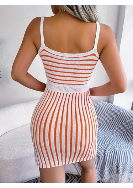 Eyesof Kadın Kolsuz Askılı Pencere Detay Şerit Desen Mini Triko Elbise