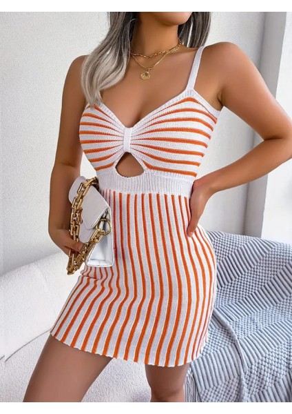 Eyesof Kadın Kolsuz Askılı Pencere Detay Şerit Desen Mini Triko Elbise fiyatları