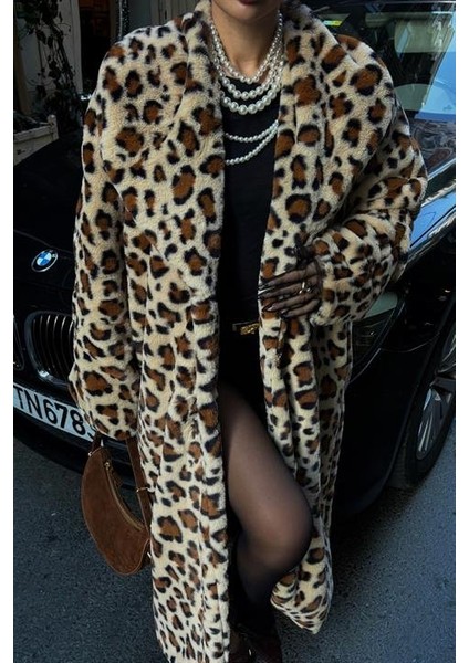 Eyesof Leopar Desenli Içi Astarlı Peluş Kaban 7065