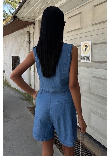 Eyesof Gümüş Düğmeli Yelek ve Şort Tensel Takım 10174