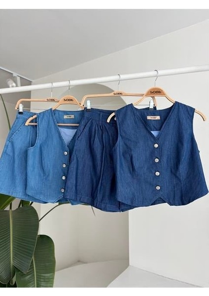 Eyesof Gümüş Düğmeli Yelek ve Şort Tensel Takım 10174