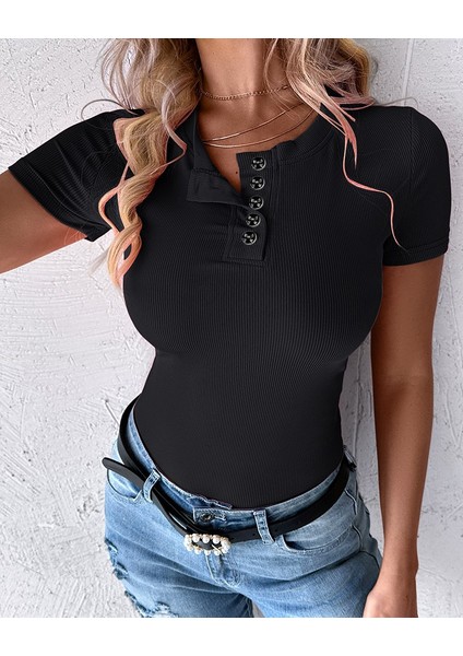 Eyesof Kadın Kısa Kollu Yuvarlak Yakalı Düğme Detay Kaşkorse Bluz modelleri