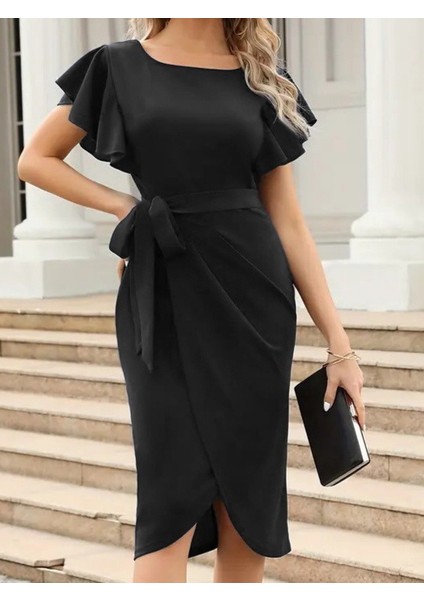 Eyesof Kadın Kısa Fırfır Kollu Yakası Açık Belden Kuşaklı Çapraz Kesim Detaylı Ithal Krep Elbise modelleri