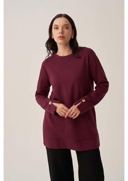 Bordo-Yumuşak Dokulu Gold Dügmeli Sweatshirt