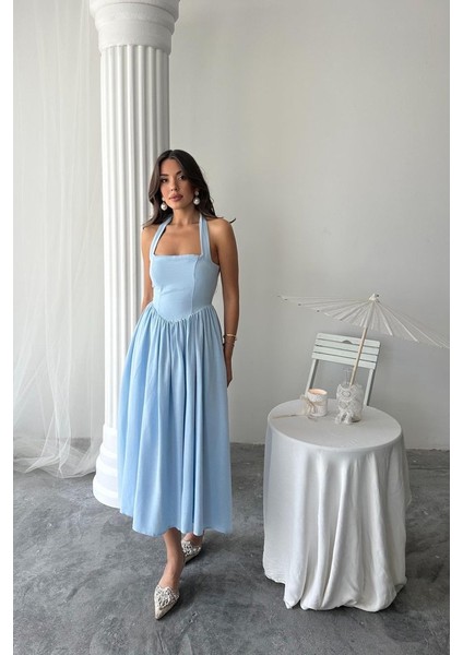 Eyesof Mavi Boyundan Bağlamalı Keten Elbise