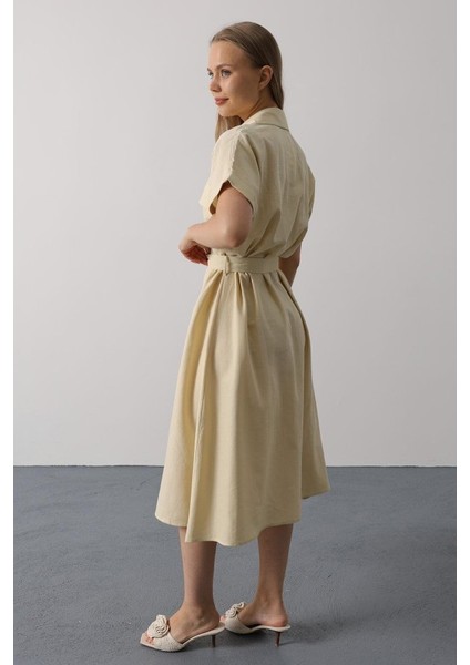 Eyesof Kuşaklı Cep Detaylı Yarım Kol Elbise - Ekru fırsatları