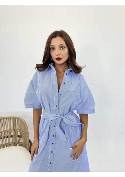 Eyesof 5318 Elbise-Mavi Beyaz Çizgili