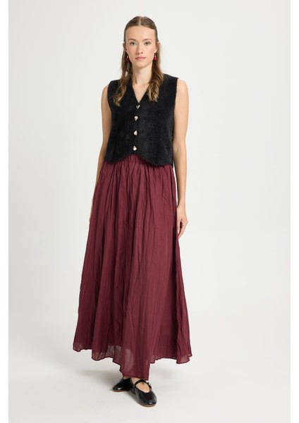 Kadın Bordo Vual Kumaş Kırışık Uzun Astarlı Etek 29062