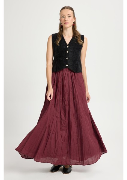 Kadın Bordo Vual Kumaş Kırışık Uzun Astarlı Etek 29062 fiyatları