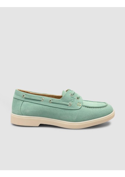 %100 Hakiki Deri Yeşil Ip Detaylı Süet Kadın Loafer
