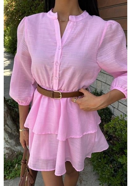 Eyesof Deri Kemerli Fırfırlı Elbise 2901