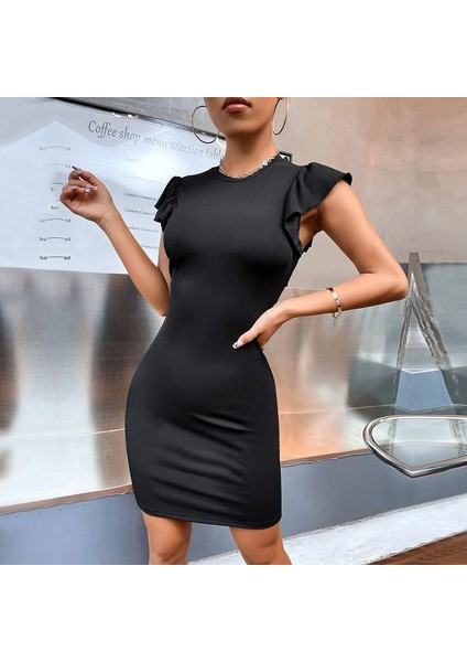 Eyesof Kadın Kolsuz Omzu Volanlı Bisiklet Yaka Kaşkorse Mini Elbise indirimleri