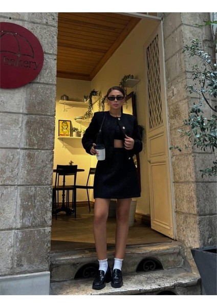 Eyesof Chanel Crop Ceket-Kısa Etek Takım - Siyah