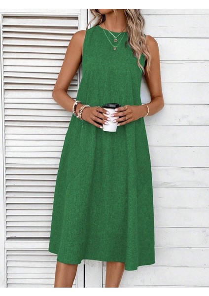 Eyesof Kadın Kolsuz Bisiklet Yaka Cepli Midi Keten Elbise