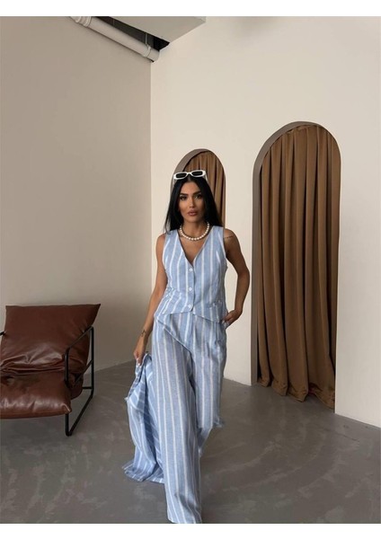 Eyesof Çizgili Keten Yelek-Pantolon Takım - Mavi