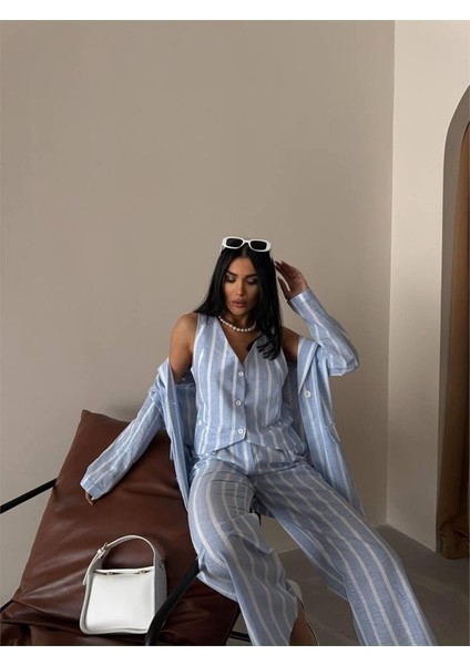 Eyesof Çizgili Keten Yelek-Pantolon Takım - Mavi fırsatları