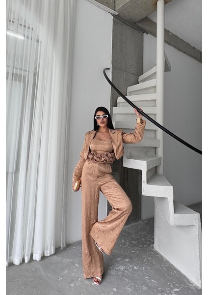 Eyesof Jakarlı Bluzu Tasarım Detaylı Ceket-Pantolon-Bluz 3 Lü Takım - Bej