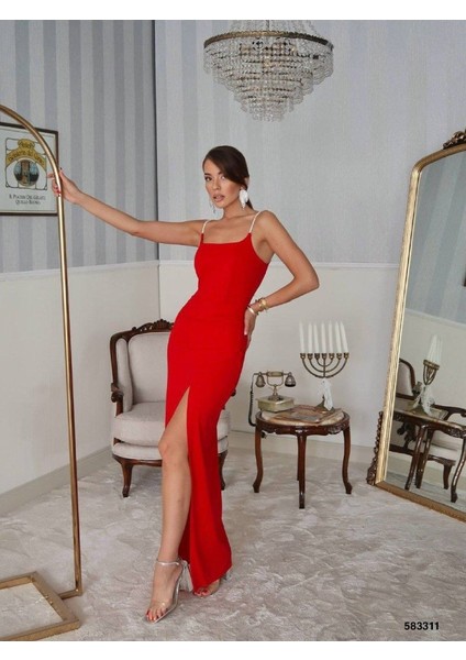 Eyesof Kadın Omuz Askılı Derin Yırtmaç Detay Maxi Boy Elbise