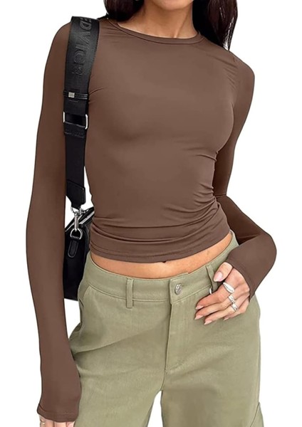 Kadın Modal Kumaş Yumuşak Esnek Bisiklet Yaka Parmak Geçirmeli Body