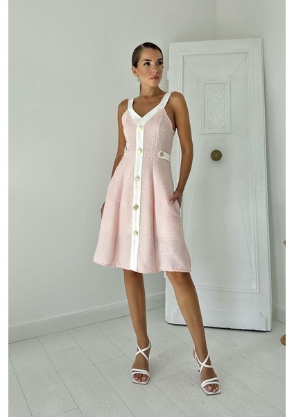 Eyesof Pudra Ekru Süs Cepli Askılı Elbise