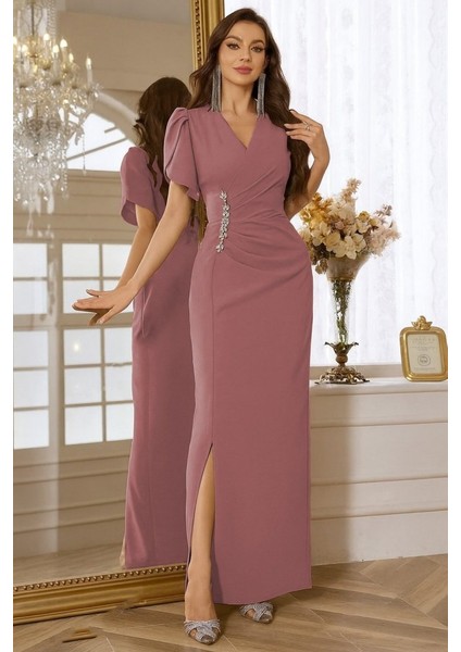 Eyesof Kadın Kısa Kollu Kruvaze Yakalı Belden Çiçek Aksesuarlı Yırtmaçlı Ithal Krep Elbise