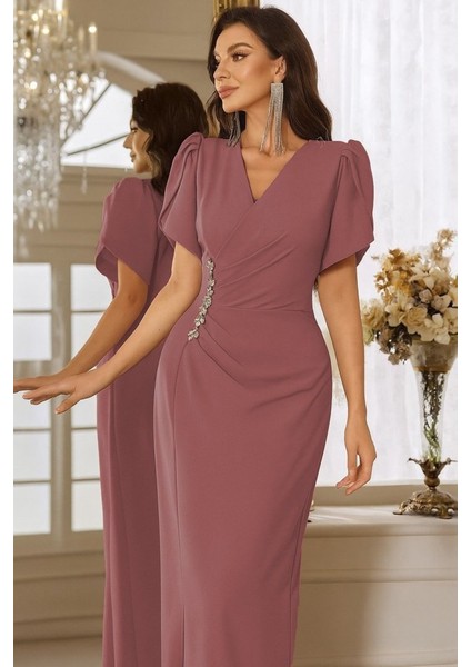 Eyesof Kadın Kısa Kollu Kruvaze Yakalı Belden Çiçek Aksesuarlı Yırtmaçlı Ithal Krep Elbise fiyatları