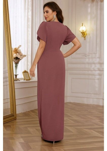 Eyesof Kadın Kısa Kollu Kruvaze Yakalı Belden Çiçek Aksesuarlı Yırtmaçlı Ithal Krep Elbise fırsatları