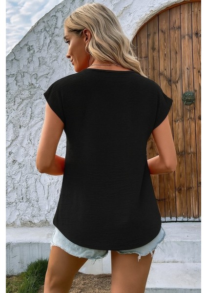 Eyesof Kadın Kısa Kollu V Yakalı Düğmeli Keten Bluz modelleri