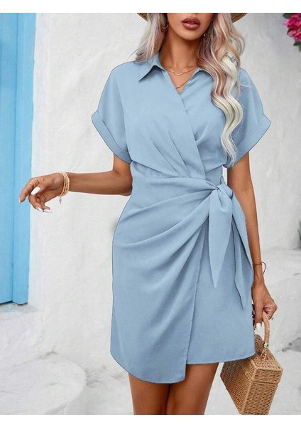 Eyesof Kadın Kısa Kollu Yakalı Yandan Bağlamalı Dokuma Elbise fırsatları