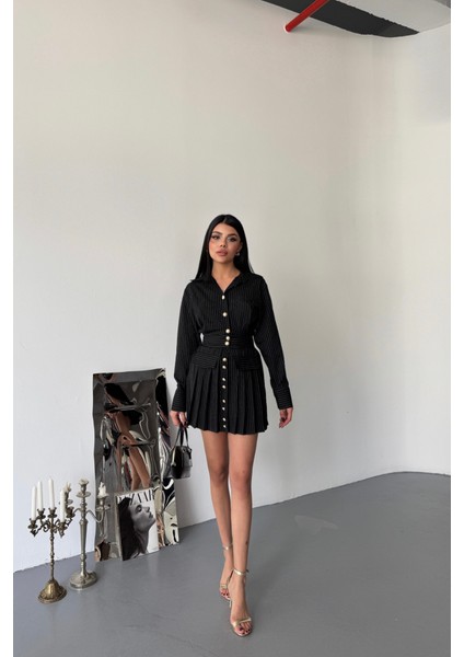 Eyesof Önden Gold Düğmeli Pileli Kısa Elbise - Siyah