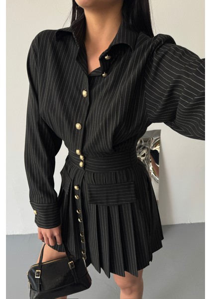 Eyesof Önden Gold Düğmeli Pileli Kısa Elbise - Siyah fırsatları