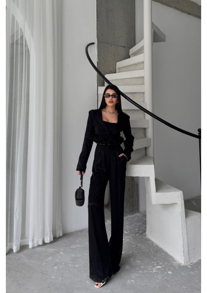 Eyesof Jakarlı Bluzu Tasarım Detaylı Ceket-Pantolon-Bluz 3 Lü Takım - Siyah