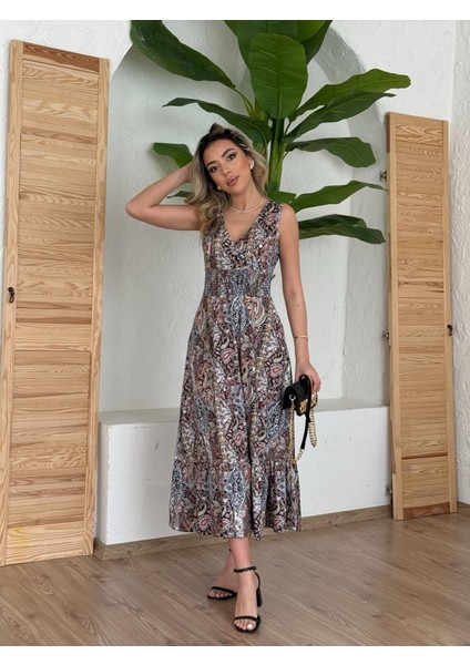 Eyesof Kadın Beli Gipeli Etnik Desen Sıfır Kol Süprem Elbise indirimleri