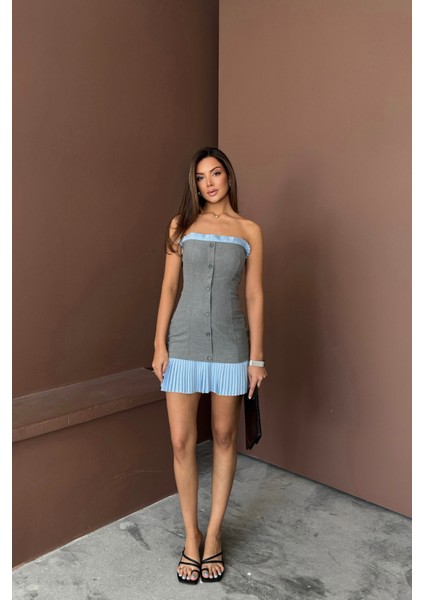 Eyesof Straplez Polviskon Elbise Mavi Fırfır Detaylı - Gri