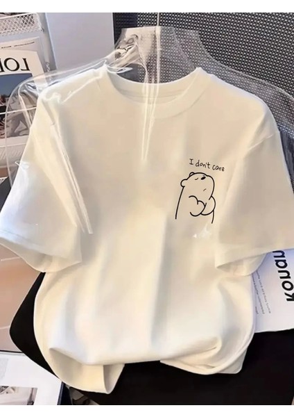 Eyesof Baskılı Oversize Bisiklet Yaka T-Shirt - Beyaz