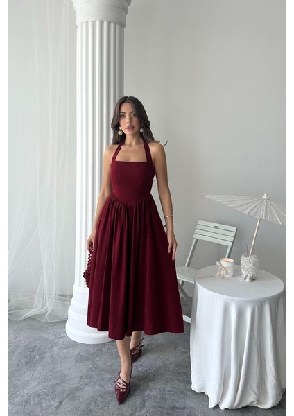 Eyesof Bordo Boyundan Bağlamalı Keten Elbise fiyatları